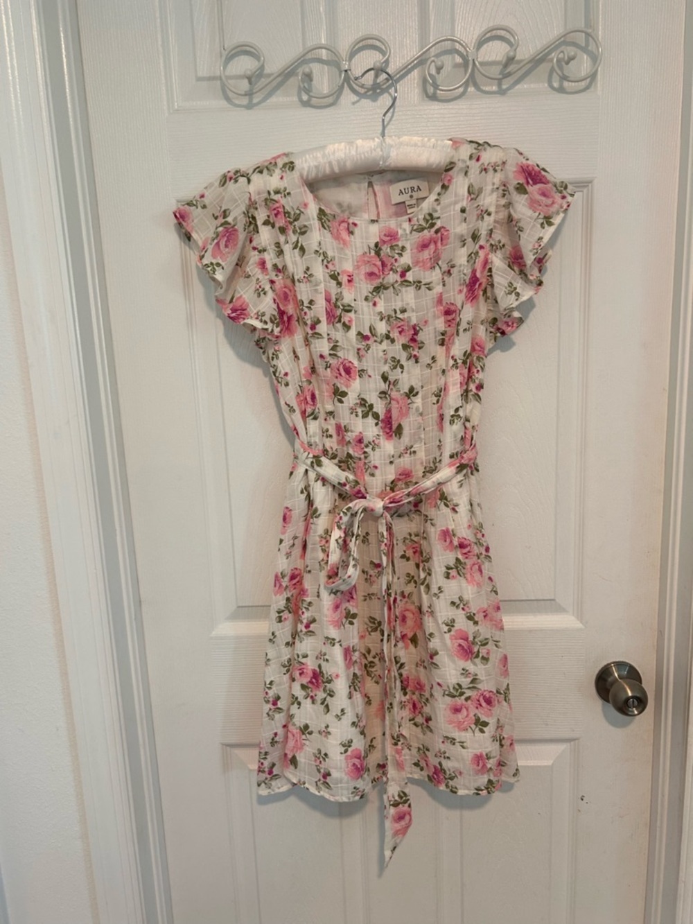 Aura Cream Dress with Pink Rose Print and Tie Waist. Cotton Size XS